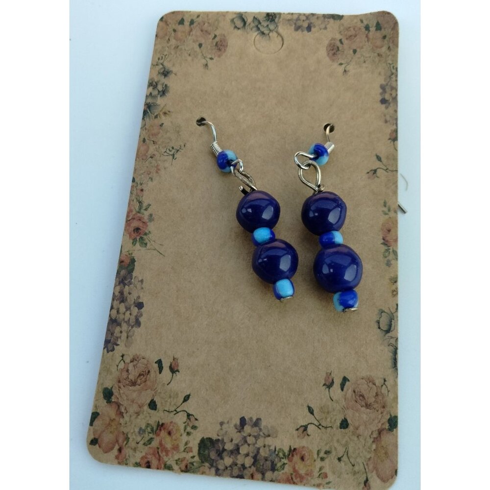 Earrings Blue Glass Beads Handmade Dangle